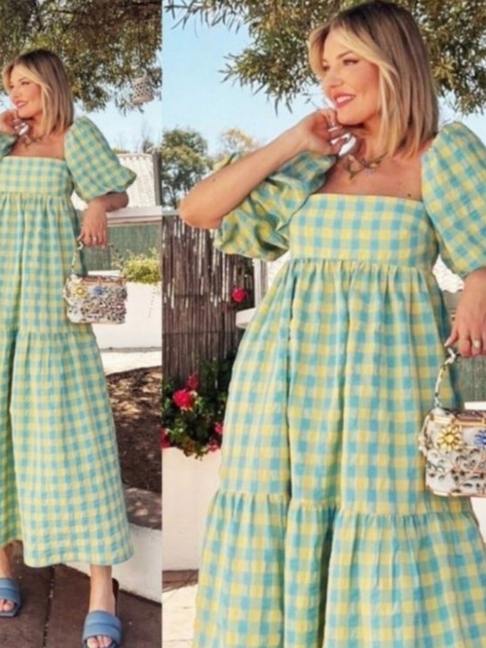 Zara Yellow and Light Blue Gingham Puff-Sleeve Maxi Dress